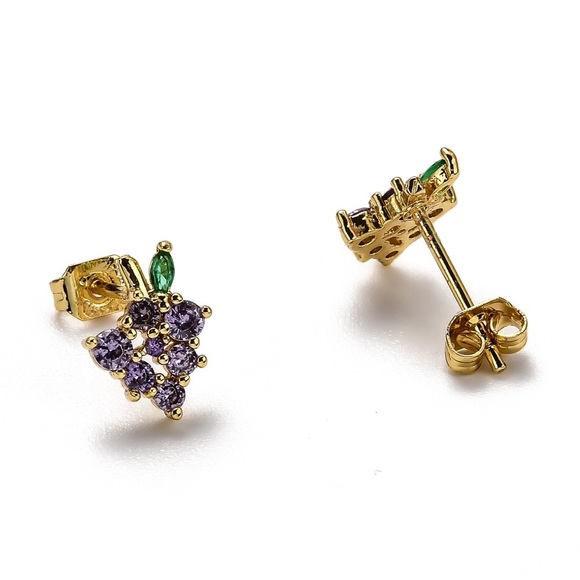 18K Gold Plated Brass Micro Pave Cubic Zirconia Grape Stud Earrings - Picture 2 of 2